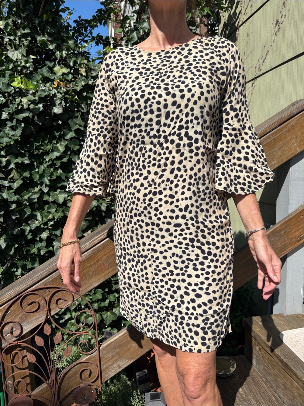 Beige and Black Printed Shift Dress with Ruffle Sleeves